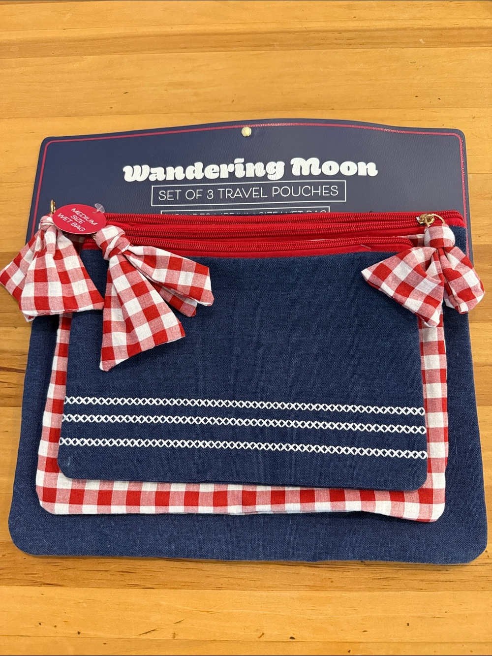 NWT Set-of-3 Denim/Gingham Look Zip Travel Pouches (medium is wet bag)